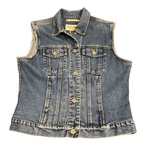 Eddie Bauer Womens Blue Denim Collared Vest Size Small Metal Button Front Cotton